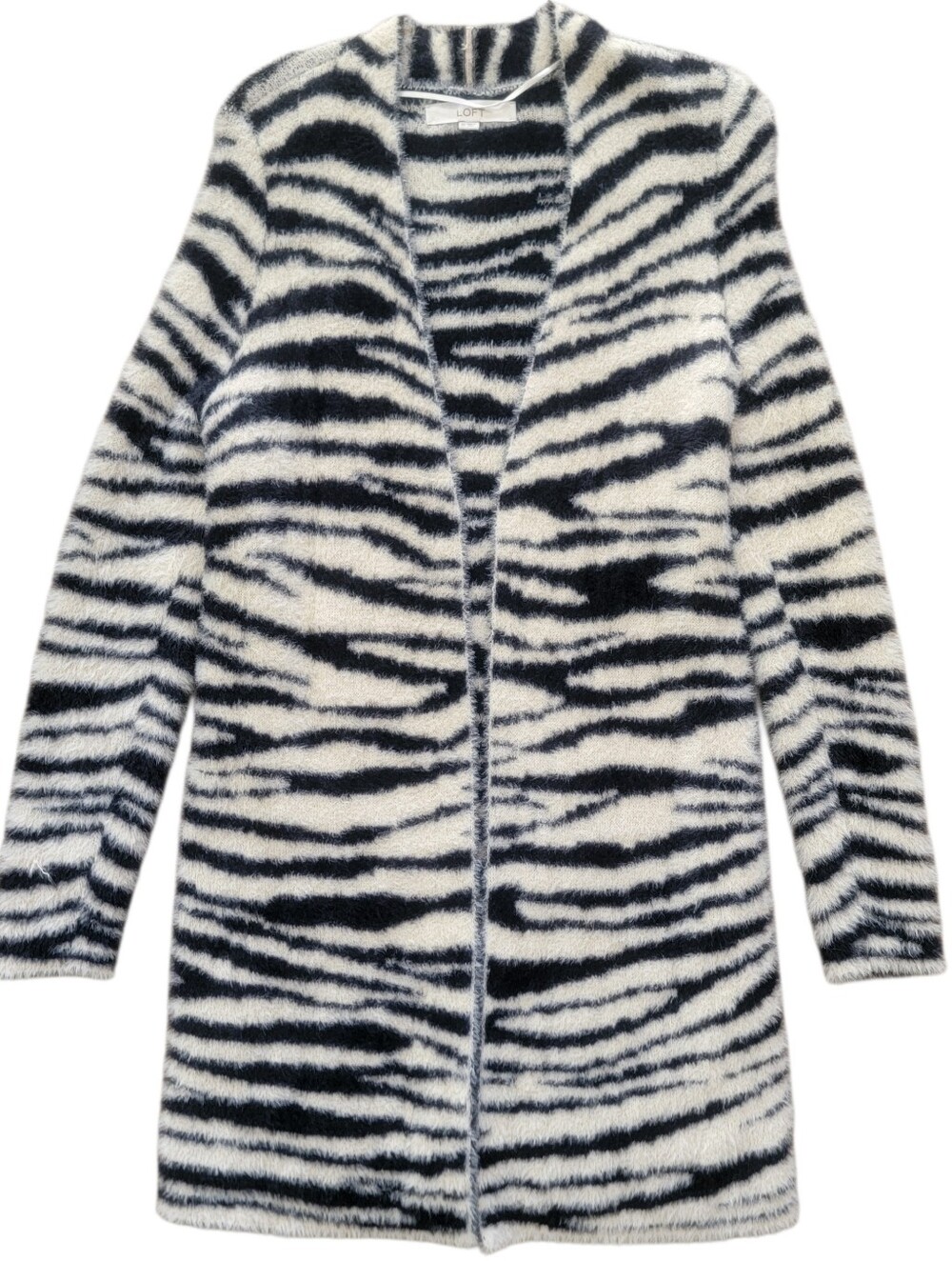 LOFT Women's Zebra Fuzzy Open Front Cardigan XS Black White Striped Coatigan